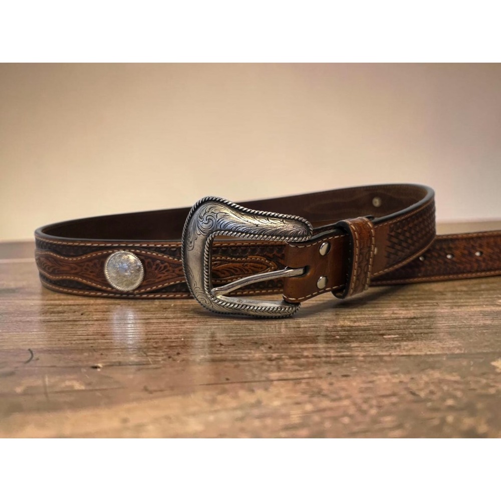 NOCONA BELT 42 Brown Leather Tooled Basket Weave Design Overlays Conchos